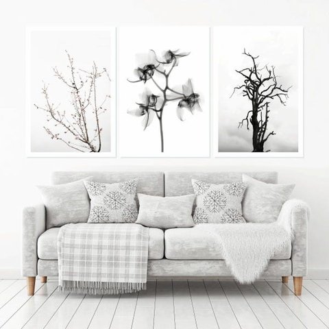Quadro Decorativo 135x64cm Galhos Flores Preto E Branco Sala