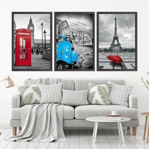 Quadro Decorativo 135x64cm Londres Roma Paris Quarto Sala