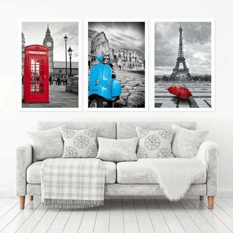 Quadro Decorativo 135x64cm Londres Roma Paris Quarto Sala