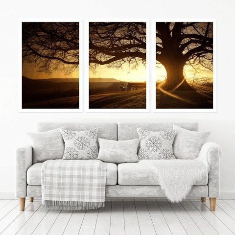 Quadro Decorativo 135x64cm Por Do Sol Na Árvore Colina Sala