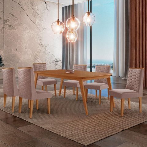 Mesa de Jantar Copper 180cm Tampo Mdf com 6 Cadeiras Moderna Linho Capuccino/naturale/naturale