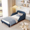 Ver imagem 1 de Cama Infantil Estofada Azul Solteiro com Encosto Lateral Design Seguro e Confortável