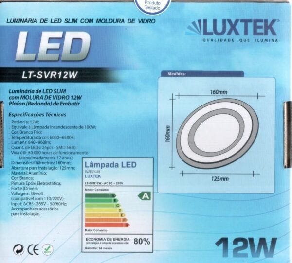 Luminária Plafon LED 12W de Vidro Embutir Branco Frio Redonda / Quadrada - Luxtek - Redonda - 4