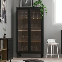 Cristaleira 2 Portas Vidro Pés Madeira 151x80 Cm E957 Preto Dtall - 2