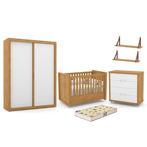 Dormitório Tutto New 2 Portas, Cômoda, Berço Freijó/Branco Soft com Colchão D18 e Prateleiras - Mati