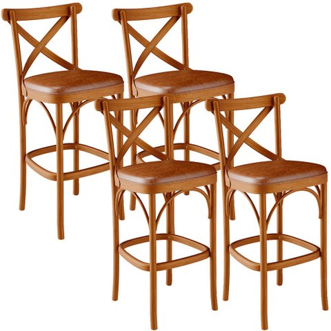 Kit 04 Banquetas Altas Cozinha Bancada Bar Sala Jantar Estofada Ávila L02 Couríssimo Camel - Lyam Ly