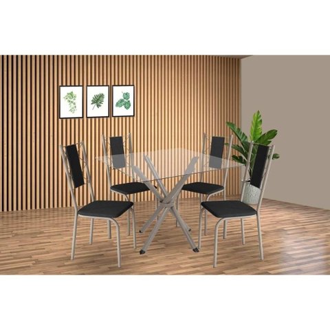 Sala de Jantar Completa Volga C/ Tampo de Vidro 90cm e 4 Cadeiras Lisboa Niquel - Courano Preto -