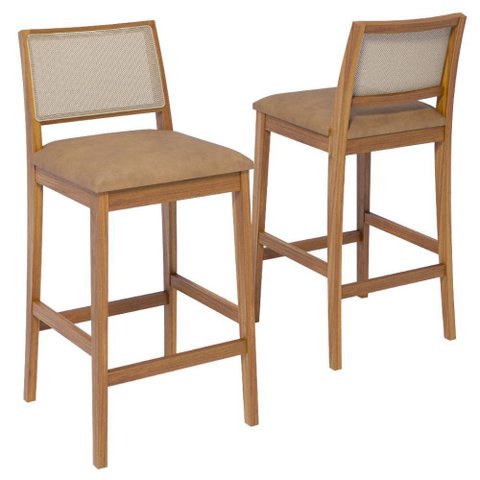 Kit 2 Banquetas Alta com Encosto Buriti Madeira Maciça Tauari Corino Kaki Natuem
