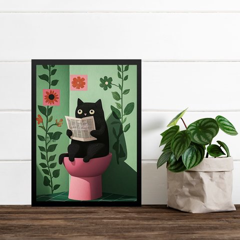 Quadro para Banheiro Gatinho no Vaso - Floral 45x34cm - com Vidro:moldura Preta