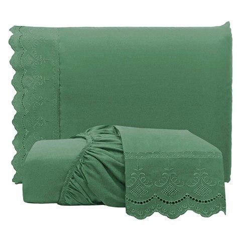 Jogo Cama Lençol Loren King Bordado Inglês Micro Percal 300 Fios 3 Peças Verde Esmeralda