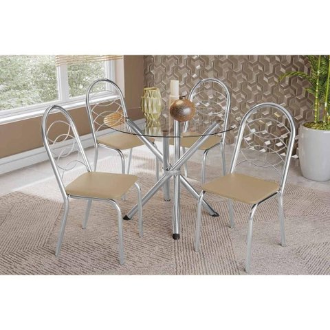 Sala de Jantar Completa Volga C/ Tampo de Vidro 95cm e 4 Cadeiras Holanda Cromada - Courano Bege -