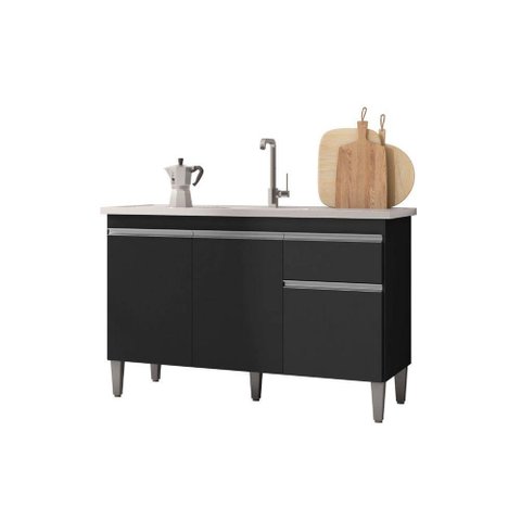 Balcão Gabinete Multiuso Tatiane 120cm 3 Portas e 1 Gaveta C-tampo Preto