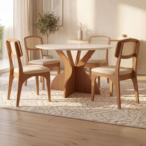 Conjunto Mesa Jantar 4 Lugares Tampo MDF com Vidro Off White com Freijó Dalla Costa Móveis
