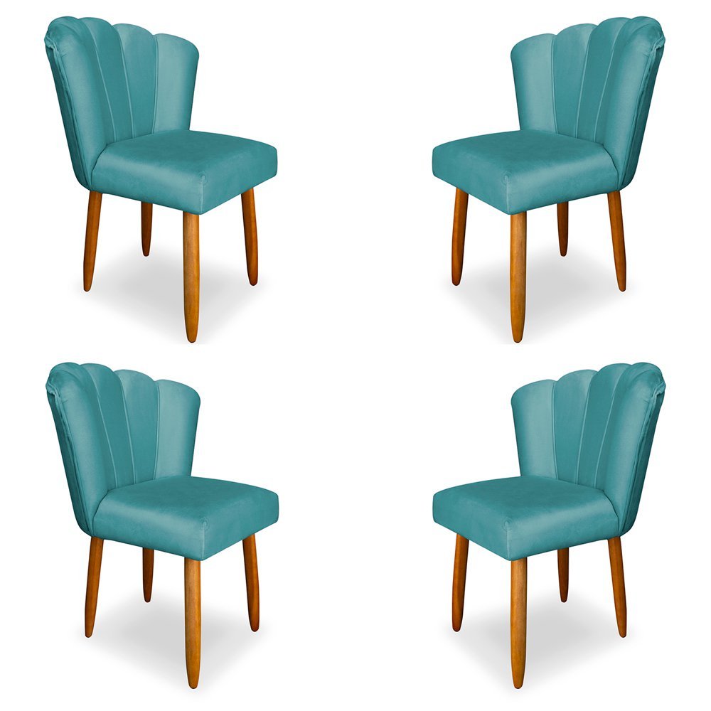 Kit 4 Cadeiras de Jantar Pétala Estofada Pés Palito Veludo Azul Turquesa - Montanaris Decor - 1