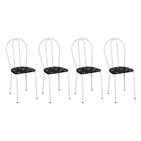 Kit 4 Cadeiras de Cozinha Texas Estampado Preto Florido Pés de Ferro Branco - Pallazio