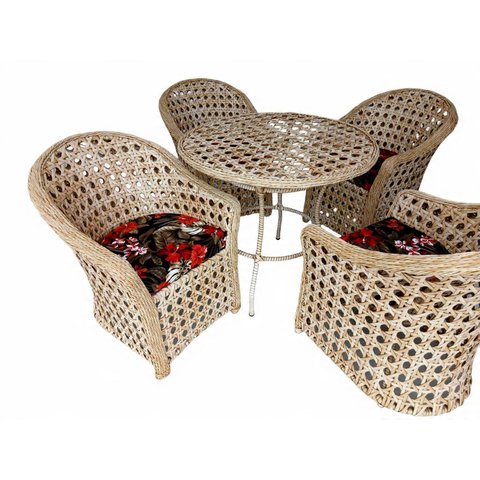 Poltronas Área Externa Jogo Mesa Redonda 90 Cm e Cadeiras Fibra Sintética Cor Natural Jardim Varanda