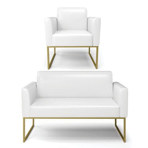 Sofá Namoradeira com Poltrona Base Industrial Dourado Marisa Corano Branco D03 - D'Rossi