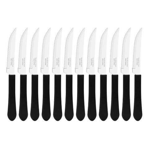 Kit 12 Facas de Mesa Churrasco Tramontina Leme Inox Cabo Preto