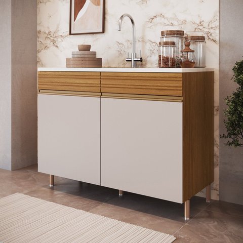 Balcão de Cozinha 2 Portas sem Gavetas 120cm com Pés sem Tampo 100% BP Organic Marrom/Nature/Sand