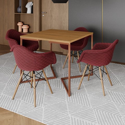 Conjunto de Mesa Industrial Base Cobre Tampo Quadrado 90cm Canela 4 Poltronas Estofadas Vermelho