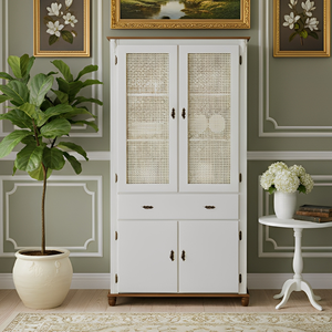 Cristaleira de Madeira com Rattan 4 Portas 1 Gaveta - Nude Laca com Tampo e Base Imbuia Glazer