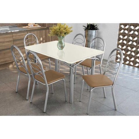 Conjunto: Mesa de Cozinha Elba Tampo Madeirado C/ Vidro 120cm e 6 Cadeiras Holanda Cromada/off White