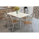 Ver imagem 1 de Conjunto: Mesa de Cozinha Elba Tampo Madeirado C/ Vidro 120cm e 6 Cadeiras Holanda Cromada/off White