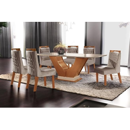 Conjunto Sala de Jantar Mesa Tampo de Vidro/mdf Safira com 6 Cadeiras Atena - Lj Móveis - Cinamomo/p - 1