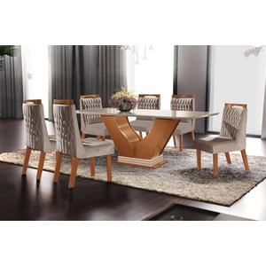 Conjunto Sala de Jantar Mesa Tampo de Vidro/mdf Safira com 6 Cadeiras Atena - Lj Móveis - Cinamomo/p