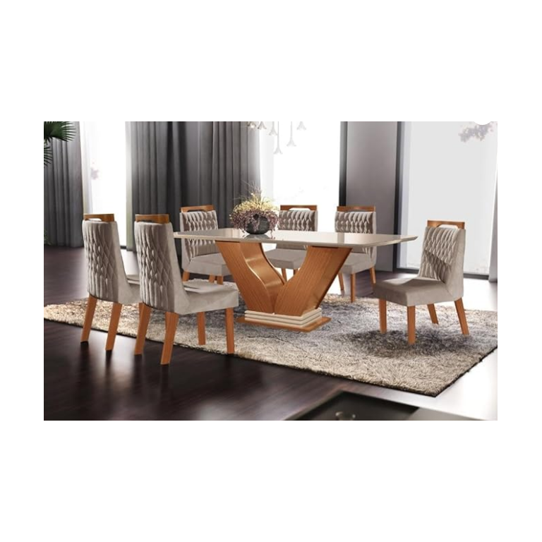 Conjunto Sala de Jantar Mesa Tampo de Vidro/mdf Safira com 6 Cadeiras Atena - Lj Móveis - Cinamomo/p
