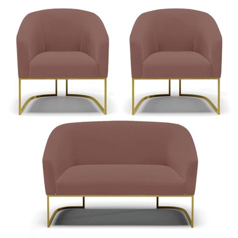 Sofá Namoradeira e 2 Poltronas Base Industrial Dourado Stella Veludo D03 - D'Rossi Cor Rose