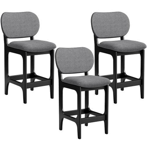 Kit 03 Banquetas Baixa Bar Cozinha Sala Jantar Fixa Betta L02 Preto Linho Cinza Escuro - Lyam Decor
