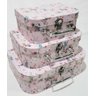 Maleta Decorativa Papel Flores com Fundo Rosa Kit 3 Peças P M G EF-0073D - 1