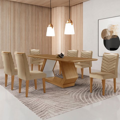 Mesa para Sala de Jantar Alvorada 180cm Mdf Tampo Laminado Canto Copo e 6 Cadeiras Liz