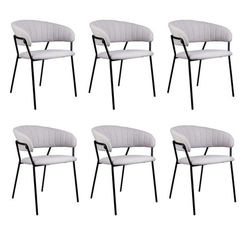 Kit 06 Cadeiras para Sala de Jantar com Braços Estofado Base em Aço Mara Cinza/Linho