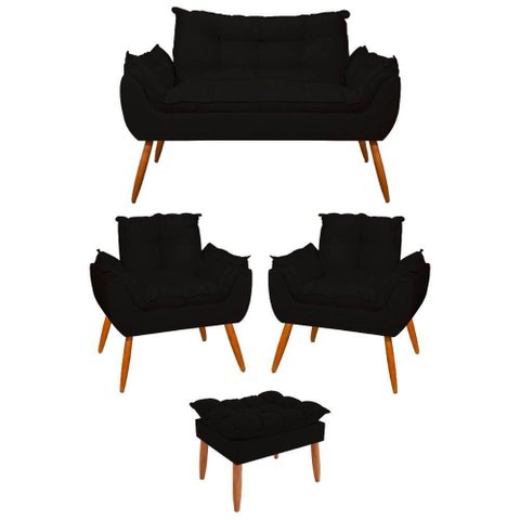 Kit 02 Poltronas + Namoradeira + Puff Opala Balaqui Decor Preto