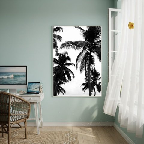 Quadro Decorativo Palmeiras em Preto e Branco-70x50cm:moldura Preta