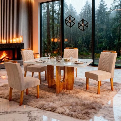 Conjunto Sala de Jantar Sala Roma 4 Lugares Tampo MDF e Vidro Off-White 130x90cm Bom Pastor Móveis