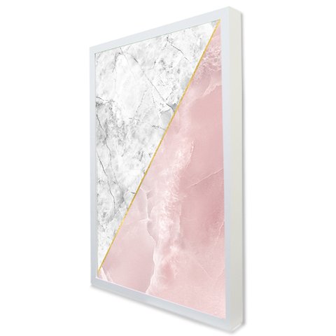 Quadro Decorativo Caixa Geométrico Mármore Branco e Rosa Tacolado Moldura Caixa Alta 4,5cm Preta sem