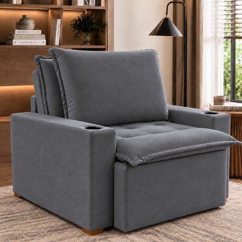 Poltrona Retrátil e Reclinável do Papai com Porta Copos e Base Madeira Maciça Siena