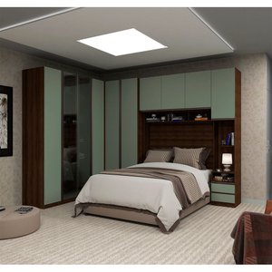 Guarda Roupa de Casal Canto com Vidro Reflecta Nogueira Dourado com Verde Jade Prime Luciane Móveis