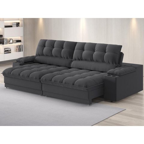 Sofá com Porta Copos e Carregador Usb Ret Rec Luke 2,30m Linho Soft Grafite - Netsofas