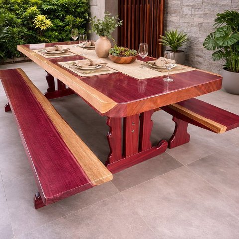 Mesa Rústica Madeira Maciça Roxão (250cm X 85cm X 6cm) Pés Torre, com 2 Bancos (250cm X 36cm X 4cm)