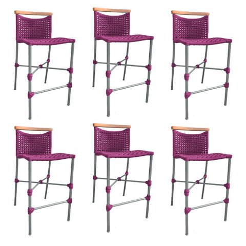 Kit 6 Banquetas Anne em Corda Náutica Base em Alumínio Cinza com Detalhe em Madeira Rosa