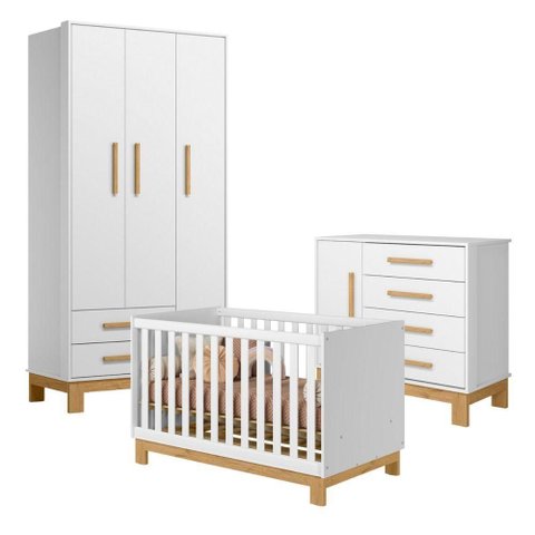 Berço Cômoda e Guarda Roupa Theo Infantil 4 Portas 6 Gavetas MDP Branco Acetinado Qmovi