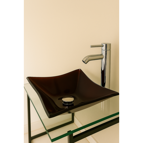Kit Banheiro Cuba de Vidro + Misturador Inox + Válvula Click:marrom