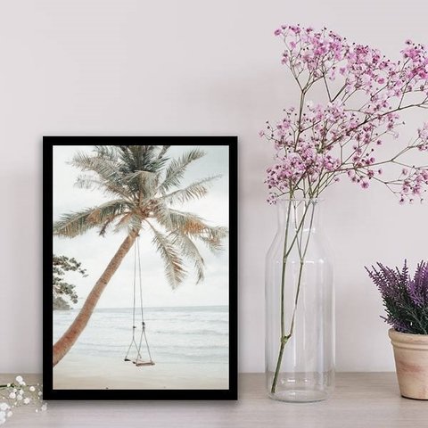 Quadro Praia Coqueiro Balanço 33x24cm - com vidro:Madeira preta