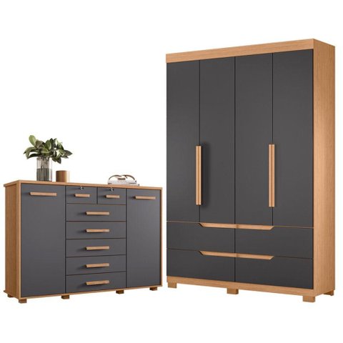 Guarda Roupa Solteiro Doble 04 Portas e Cômoda Fontana Freijo Titanium- Móveis Albatroz