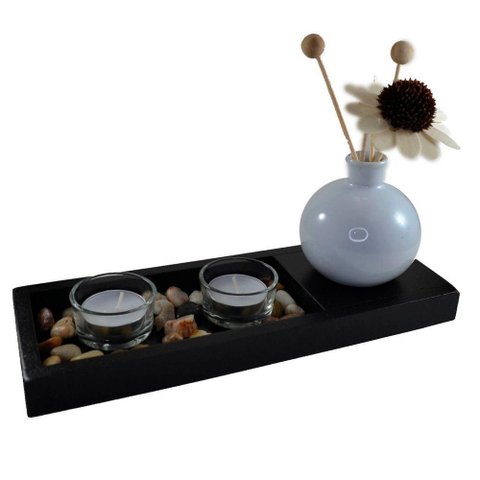 Conjunto Bandeja com Difusor Porta Velas Jardim Zen Madeira 12cm
