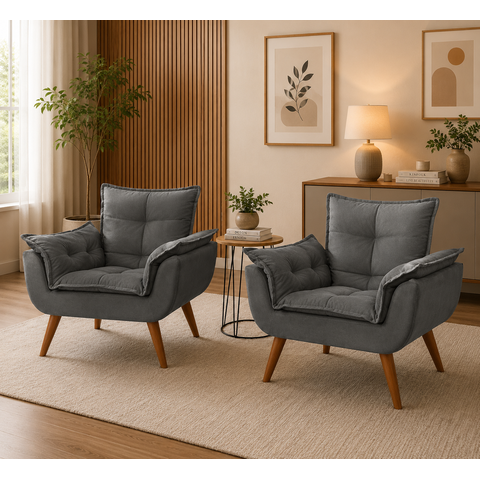 Kit 2 Poltronas Decorativas Opala Suede Cinza